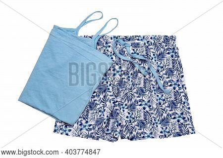 Night Gown Isolated. Close-up Of Blue Female Cotton Sexy Nightwear Summer Set Of Shorts And A Top Wi