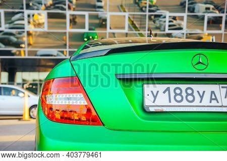 MOSCOW, RUSSIA-SEPTEMBER 09, 2017: Luxury Mercedes-Benz C-class Coupe AMG, in green matte film.