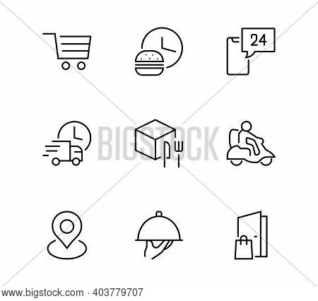 Food Delivery Set Of Vector Line Icons Contain Courer, Home Delivery, Online Ordering And More. Edit