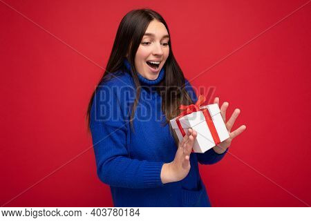 Photo Shot Of Pretty Positive Surprised Young Brunet Woman Isolated Over Colourful Background Wall W