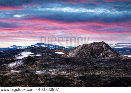 Incredible sunset view of Reeky lavas field in the geothermal valley Leirhnjukur, near Krafla volcano, Iceland. Landscape photography