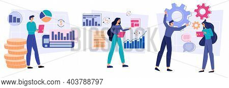 Collection Of Businesspeople Working In Office. Business Presentation And Communications Concept. Ca