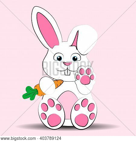 White, Fluffy Rabbit With A Carrot. The Hare Is Healthy. Rabbit With A Pink Paw.