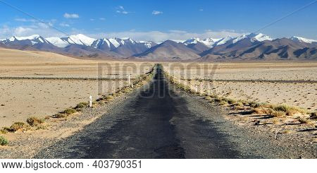 Pamir Highway Or Pamirskij Trakt Near Karakul Village And Lake. Landscape Around Pamir Highway M41 I