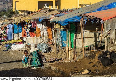 Simien Mountains, Ethiopia - Feb 08, 2020: Ethiopian People At Simien Mountains National Park In Eth