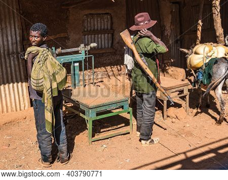 Aksum, Ethiopia - Feb 08, 2020: Ethiopian People On The Road From Axum To The Simien Mountains, Nort