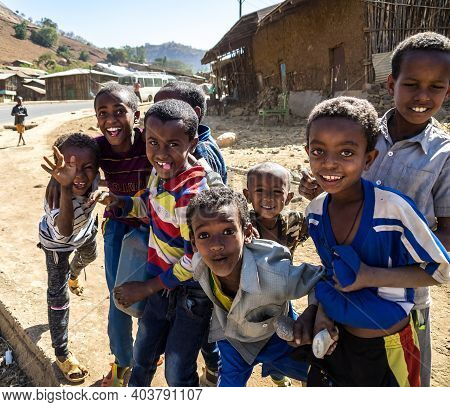 Aksum, Ethiopia - Feb 08, 2020: Ethiopian People On The Road From Axum To The Simien Mountains, Nort