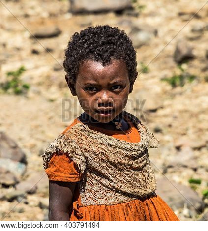 Aksum, Ethiopia - Feb 08, 2020: Ethiopian Girl On The Road From Axum To The Simien Mountains, North 