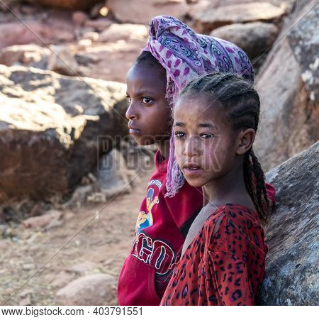 Aksum, Ethiopia - Feb 08, 2020: Ethiopian Girl On The Road From Axum To The Simien Mountains, North 