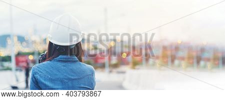 Banner Woman Engineer Entrepreneur Constrcution Industry Worker. Panoramic Female Engineer Working R