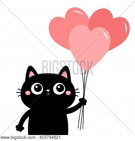 Black Cat Kitten Kitty Holding Pink Heart Air Balloon Bouquet. Cute Cartoon Kawaii Funny Animal Baby