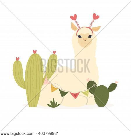 Valentines Day Flat Illustration. Be My Llamantine Card For With Cute Llama Alpaca And Hearts. Greet