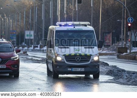 Madrid, Spain - January 17, 2021: An Ambulance Of The Public Health Service, Samur, 112, In Emergenc