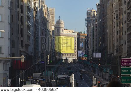 Madrid, Spain - January 17, 2021: General View Of Gran Via Street Flooded With Lights And Shadows Ma