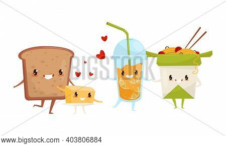 Kawaii Food Pairs In Love With Lemonade And Noodles Holding Hands Vector Set