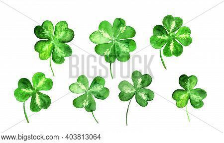 Set Of Trefoil, Clover Leaves With 3, 4 Four Leaf. Watercolor Collection For St Patrick Day. Celtic,