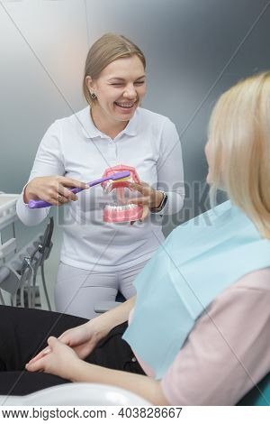 Vertical Shot Of A Female Dentis Showing Her Patient How To Brush Teeth Correctly On Jaw Model