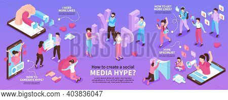 Isometric Hype Social Media Infographic Set With I Need More Likes How To Generate Hype How To Get M