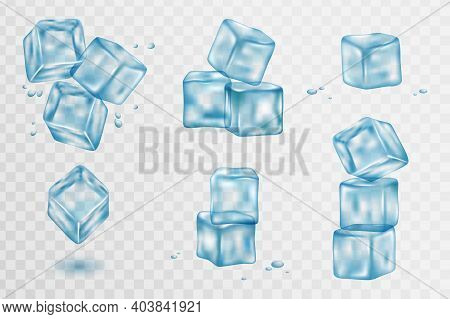 Set Of Transparent Ice Cubes. Ice Cubes, Realistic Set, 3d Vector Illustration. Blue Ice Collection