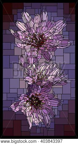 Vector Vertical Mosaic With Blooming Purple Catananche Flowers In Stained Glass Window.