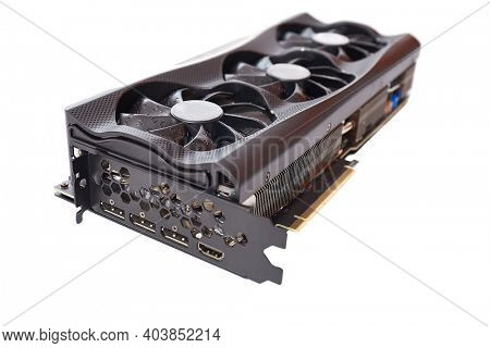 New high end graphics card computer hardware upgrade isolated on white background. Powerful gaminr, rendering or cryptocurrency mining equipment