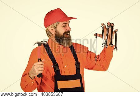 Most Mechanics Specialize In Particular Field, Such As Air Conditioning. Man Hold Wrench Tools. Wren