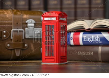 Learn English concept. Red telephone booth on backgrpund of english course textbook and vintage suitcase. 3d illustration