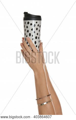 Woman Holding Elegant Thermocup On White Background, Closeup