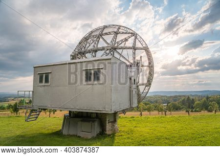 Satellite Dish In A Summer Landscape, Radiotelescope For Deep Space Research. Ondrejov Observatory, 