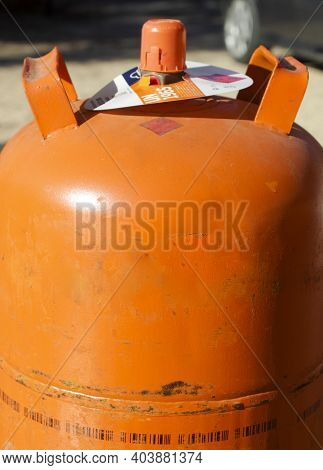 Madrid, Spain- January 17, 2021:traditional Metal Butane Gas Bottle At Home In Spain