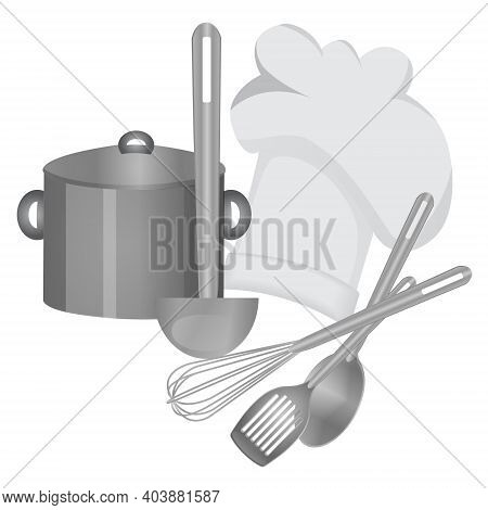 Cooking Tools, Chef Hat And A Saucepan Isolated Monochrome Vector Illustration
