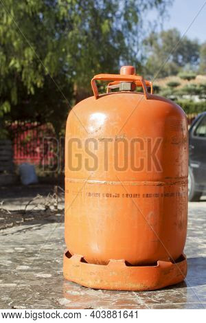 Madrid, Spain- January 17, 2021:traditional Metal Butane Gas Bottle At Home In Spain