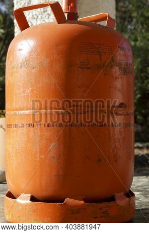 Madrid, Spain- January 17, 2021:traditional Metal Butane Gas Bottle At Home In Spain