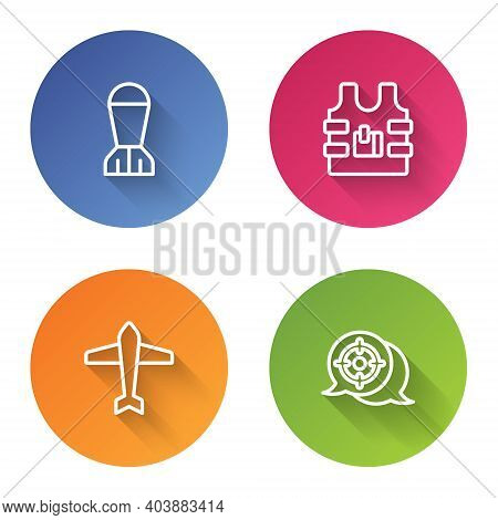 Set Line Aviation Bomb, Bulletproof Vest, Jet Fighter And Target Sport. Color Circle Button. Vector