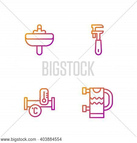 Set Line Heated Towel Rail, Industry Metallic Pipe, Washbasin And Pipe Adjustable Wrench. Gradient C