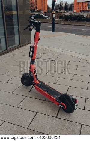 Birmingham, Uk - January 17, 2021: Voi Rental Electric Scooter On A Street In Birmingham, Uk. The E-