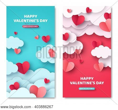 Happy Valentines Day Vertical Banners Set With Paper Cut Clouds And Hearts. Vector Illustration. Hol
