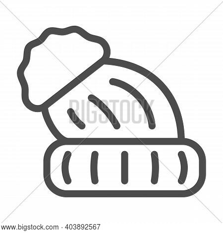 Knitted Hat With Pompon Line Icon, Winter Clothes Concept, Winter Headdress Sign On White Background