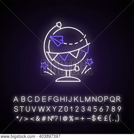 Going Away Party Neon Light Icon. Travel Abroad. International Tourism, Immigration. Outer Glowing E