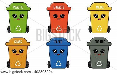 Set Of Garbage Containers. Recycle Bins Plastic, Metal, Glass, E-waste, Paper, Organic. Cartoon Char