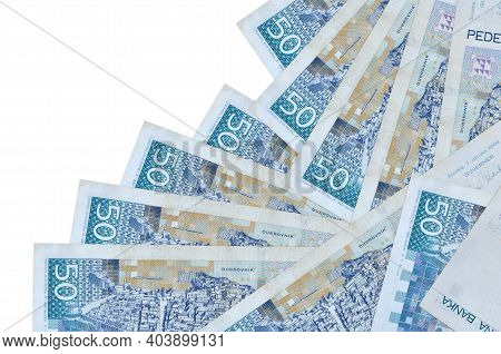 50 Croatian Kuna Bills Lies In Different Order Isolated On White. Local Banking Or Money Making Conc
