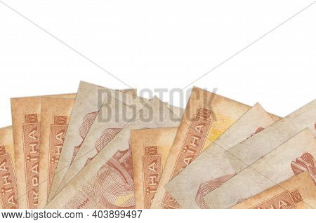 1 Ukrainian Coupon Bills Lies On Bottom Side Of Screen Isolated On White Background With Copy Space.