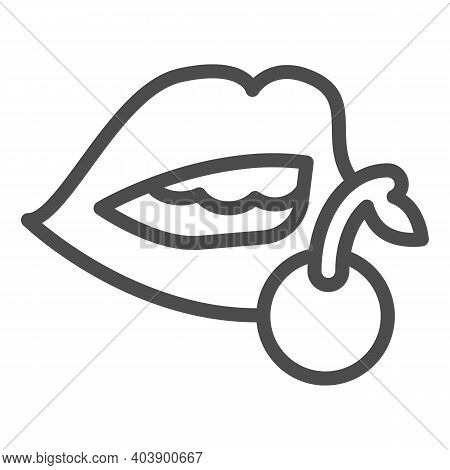 Lips With Cherry Line Icon, Sexuality Concept, Lips With Cherry Sign On White Background, Lips With 