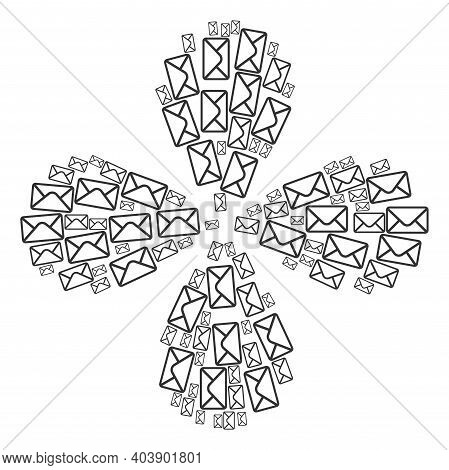 Mail Envelope Swirl Flower With Four Petals. Object Centrifugal Explosion Composed From Oriented Mai