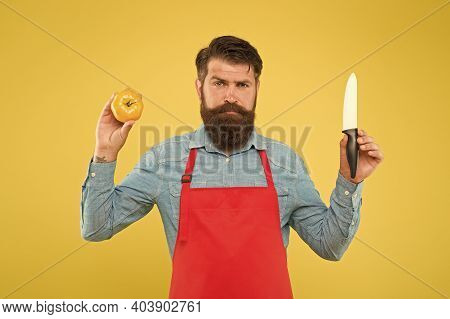 Ultimate List Of Cutting Techniques Every Chef Should Know. Bearded Man Prepare Tomato. Chef Prepare