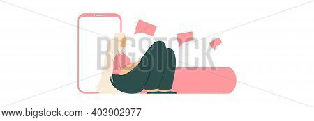 Lonely Girl With Long Hair And A Phone On A Light Background. Banner Space For Text.