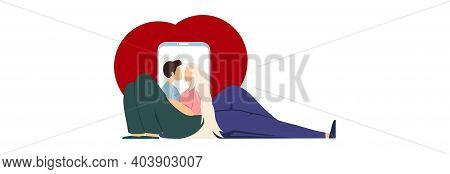 Loving Couple On The Background Of The Phone And Hearts. Love Through The Internet.
