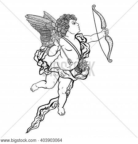 Cupid With Bow And Arrow, Outline Drawing Of Black Color Isolated On White Background, Stock Vector 