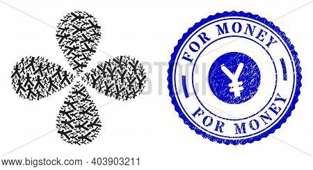 Yuan Currency Curl Fireworks, And Blue Round For Money Dirty Watermark With Icon Inside. Object Flow