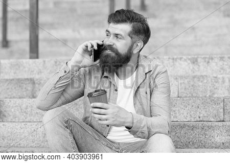 Hi Dear. Modern Urban Life. Bearded Man Phone Conversation. Mobile Conversation. Personal Communicat